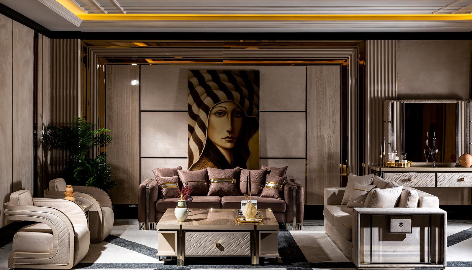 Inside the Colors showroom: a living room with velvet sofas and gold details